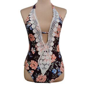 Kona Sol Womens Swimsuit One Piece Crochet Trim Deep Plunge Floral Burgundy Sz S